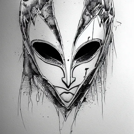 Image similar to an ink drawing of cracked, broken white tragedy mask, deviant art, artgerm