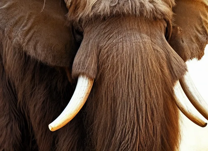 Image similar to extreme closeup of a very wooly brown hairy mammoth, elephant, mastodon, mammoth, detailed fur, zoo photography, National Geographic, HD,