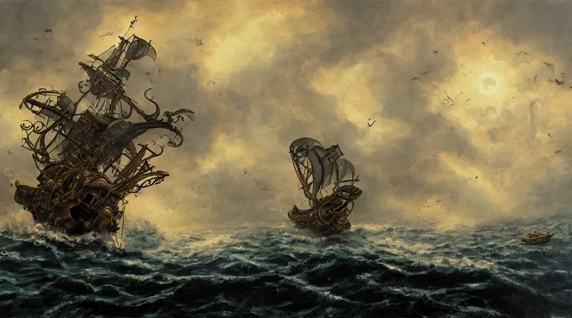 Image similar to oil painting of a pirate ship being attacked by a kraken