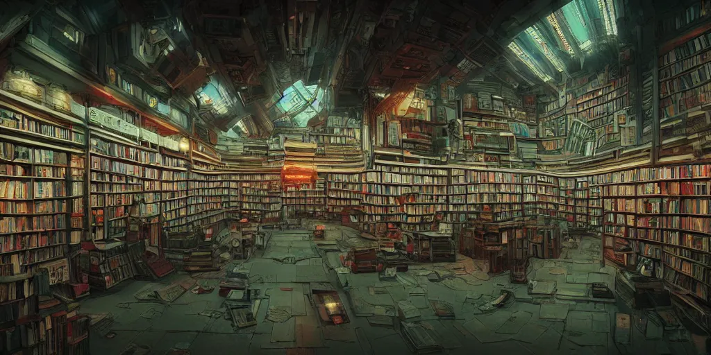 Image similar to cinematic shot of the interior of an old bookstore full of books, dystopian future, neon lights, sci - fi, night lights, haze, concept art, intricate, in the style of katsuhiro otomo, akira, unreal engine