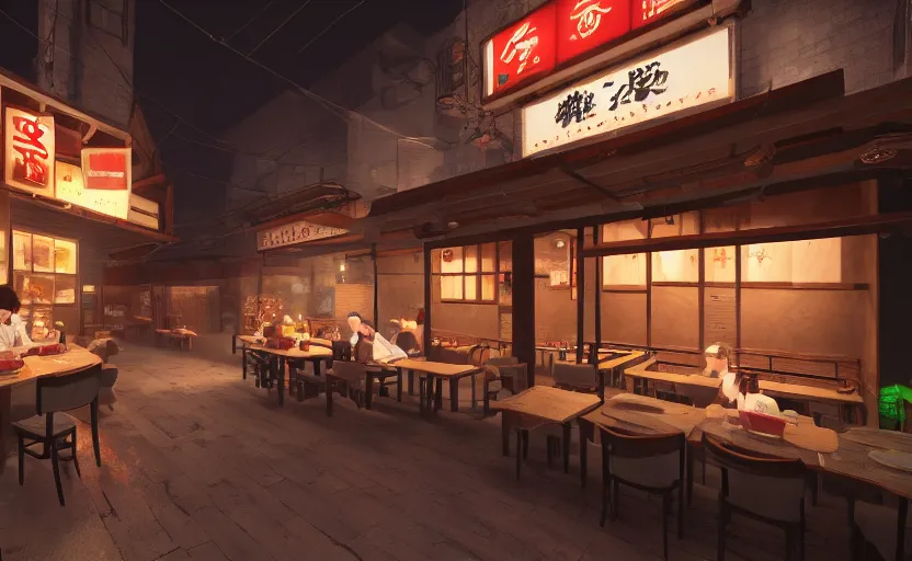 Image similar to a small cozy ramen restaurant at night, trending on cgsociety, unreal engine, 4 k wallpaper