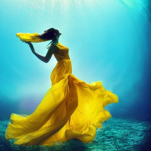 Image similar to woman dancing underwater wearing a flowing dress made of blue, magenta, and yellow seaweed, delicate coral sea bottom, swirling silver fish, swirling smoke shapes, cycles render, caustics lighting from above, cinematic, hyperdetailed