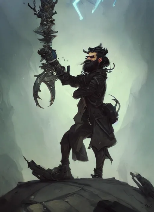 Image similar to low angle picture of a weapon master, holding a ego weapons to the camera, long black jacket, neat white beard and hair, bored, tired, smoking, ego weapons all over the place, squat down pose, highly detailed face, intricate, masterpiece, epic fantasy illustrations by peter mohrbacher and anato finnstark and jeremy lipking