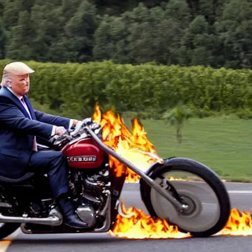 Image similar to Donald Trump on a motorcycle with fire coming out of the exhaust, without him wearing a helmet, leather jacket, cinematic lighting