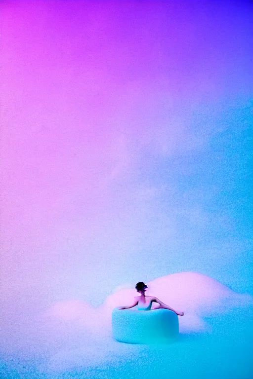 Image similar to high quality pastel coloured film close up wide angle photograph of a model wearing clothing swimming on cloud furniture in a icelandic black rock!! environment in a partially haze filled dreamstate world. three point light, rainbow. photographic production. art directed. pastel colours. volumetric clouds. pastel gradient overlay. waves glitch artefacts. extreme facial clarity. 8 k. filmic.