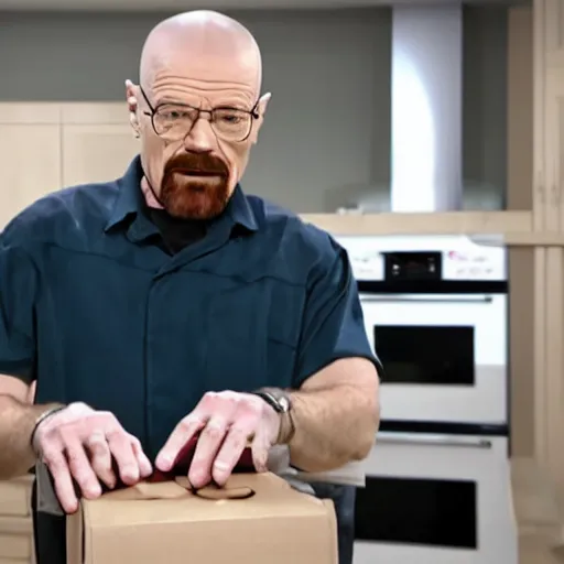 Image similar to Walter white selling kitchen utensils on the home shipping channel, tv footage.