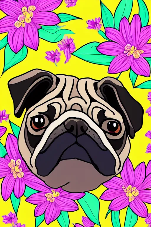 Image similar to portrait of a flower rambo pug, art by milka oxana, sticker, colorful, illustration, highly detailed, simple, smooth and clean vector curves, no jagged lines, vector art, smooth