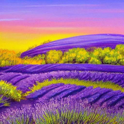 Image similar to painting of lavender field, highly detailed, golden hour