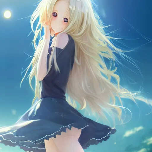 Image similar to a very beautiful anime cute girl, full body, long wavy blond hair, sky blue eyes, full round face, short smile, fancy top, miniskirt, summer lake setting, medium shot, mid-shot, highly detailed, cinematic wallpaper by Stanley Artgerm Lau