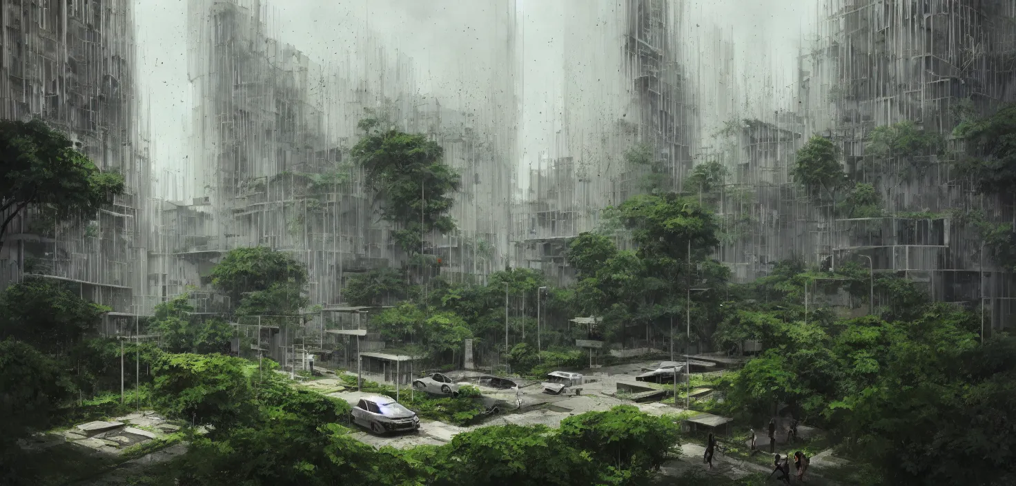 Image similar to brutalist architecture by Le Corbusier, abandoned buildings, empty streetscapes, surrounded by lush green vegetation, ground-level view, volumetric lighting, digital painting, highly detailed, artstation, sharp focus, illustration, concept art, ruan jia, steve mccurry, amazing composition