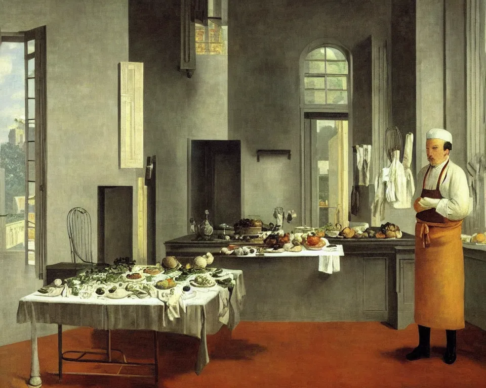 Image similar to achingly beautiful painting of a sophisticated, well - decorated chef's kitchen on warm background by rene magritte, monet, and turner. giovanni battista piranesi.