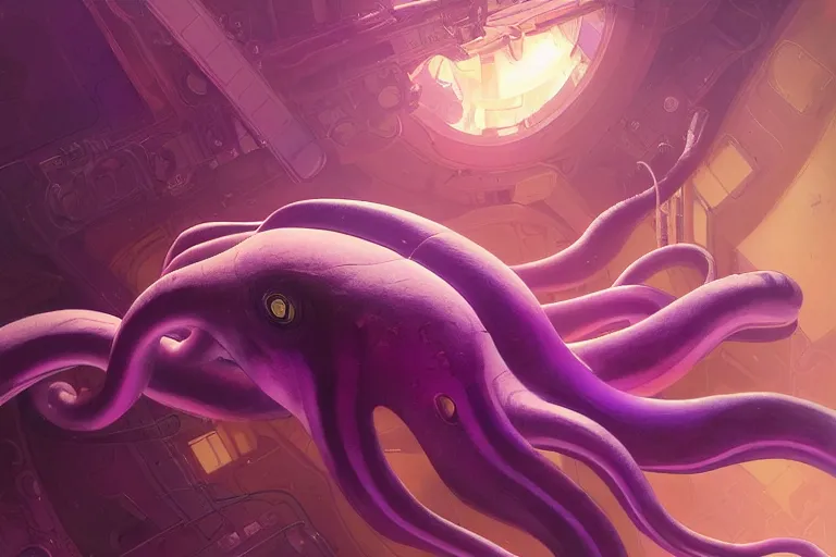 Prompt: Giant purple octopus in a space station, elegant, intricate, retrofuturistic digital painting, artstation, concept art, smooth, sharp focus, illustration, art by artgerm and greg rutkowski and alphonse mucha