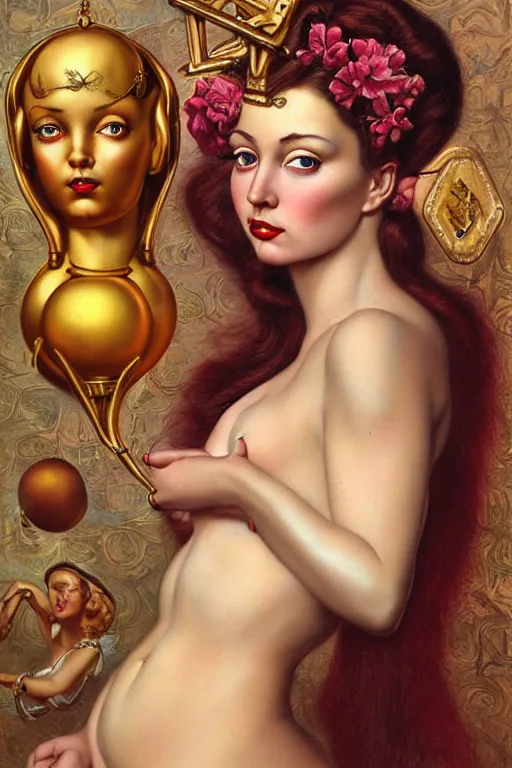 Prompt: hyper realistic portrait painting of pinup girl with intrincate detail, golden ornaments, and detailes face by godward, gustav moreau, saturno butto, boris vallejo, austin osman spare and david kassan, by bussiere. in romantic style, occult art, occult diagram, magenta and cyan color scheme.