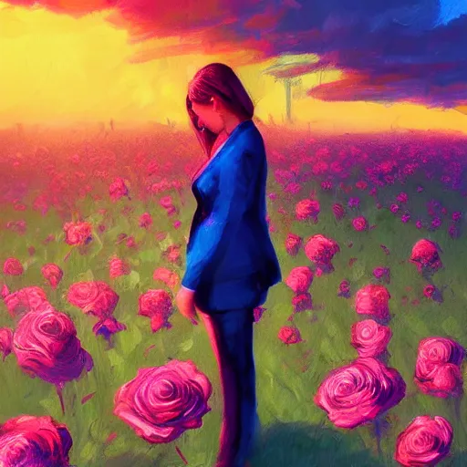 Image similar to closeup, large rose flower head, frontal, girl in a suit, surreal photography, sunrise, blue sky, dramatic light, impressionist painting, digital painting, artstation, simon stalenhag