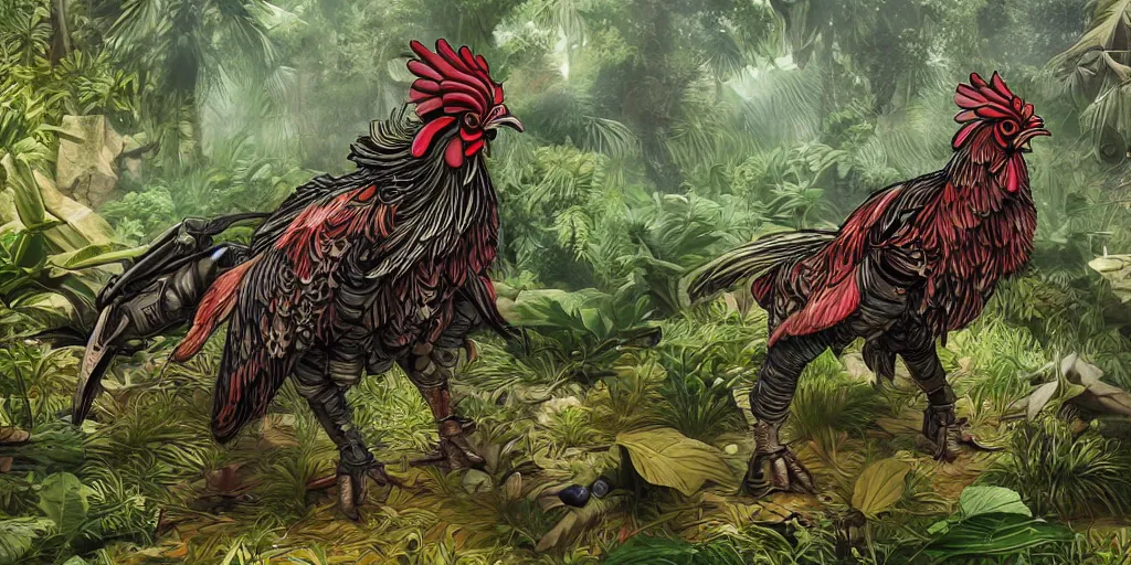 Prompt: fully armoured rooster in a dense jungle, mix of styles, hyper detailed