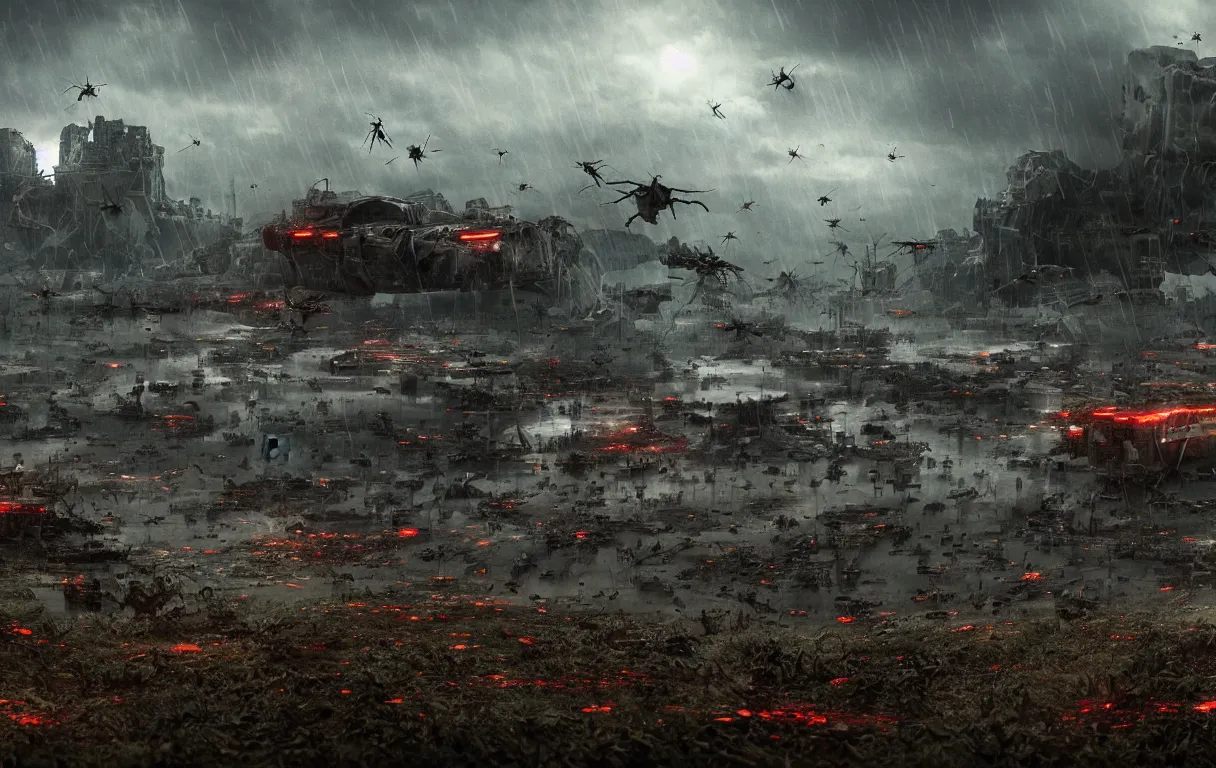 Image similar to view on wide battleground destructed landscape, with army of monstrous insects fighting futuristic human army, night, heavy rain, reflections, render and lighting by weta digital, ilm and digital domain