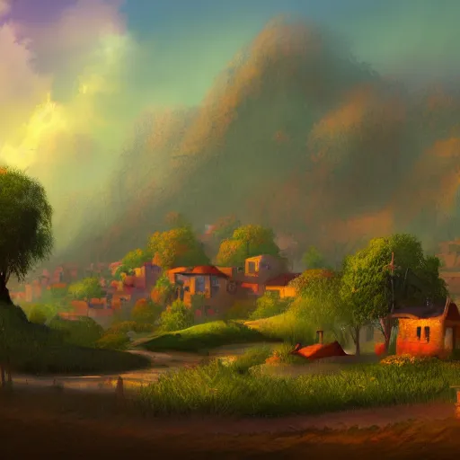 Image similar to beautiful landscape of a indian village, artstation, 4k, hd, digital art, colourful