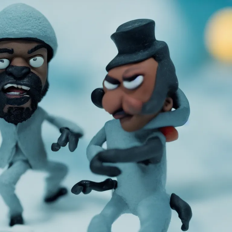 Image similar to a cinematic film still of a claymation stop motion film starring ice cube, shallow depth of field, 8 0 mm, f 1. 8