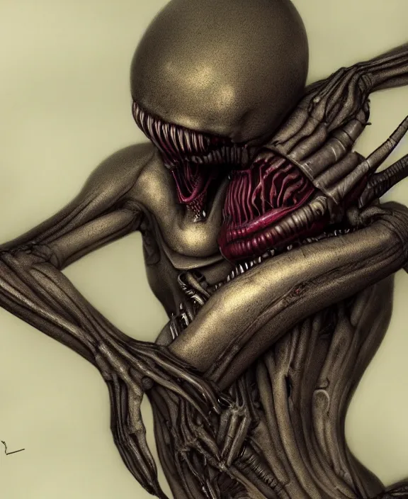 Image similar to xenomorph hugging pale sad beauty merging, dark mist colors, giger background liminal void, digital art, cinematic lighting, realistic, award winning photograph, various refining methods, micro macro autofocus