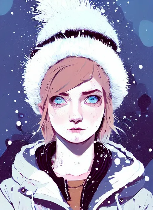 Prompt: highly detailed portrait of a street punk lady student, blue eyes, winter jacket, snow hat, white hair by atey ghailan, by greg rutkowski, by greg tocchini, by james gilleard, by joe fenton, by kaethe butcher, gradient pink, black, brown and light blue color scheme, grunge aesthetic!!! ( ( snowy graffiti tag wall background ) )