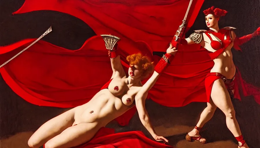 Image similar to only with red, an armored female gladiator in a crowded roman amphitheatre, crowd cheering, in the style of rolf armstrong and ambrosius benson and edward hopper and and rodcenko, intricate and epic composition, red by caravaggio, highly detailed, masterpiece, red light, artstation