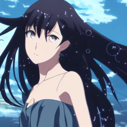 Prompt: portrait of a girl in her 2 0 s with wavy black hair, anime fantasy illustration by makoto shinkai and tomoyuki yamasaki, madhouse, ufotable