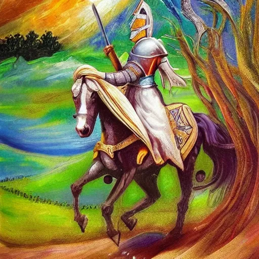 Prompt: A knight riding on a horse down a dirt path, mystical, fantasy, vibrant, painting