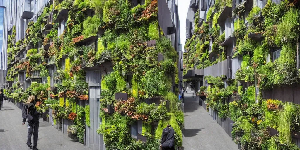 Image similar to a new zealand city street where every building is covered in living walls made of nz native plants