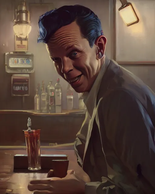 Prompt: young Frank Sinatra as a poor 1950s bartender, dirt, in GTA V, Stephen Bliss, unreal engine, fantasy art by Greg Rutkowski, Loish, Rhads, Makoto Shinkai and Lois van baarle, ilya kuvshinov, rossdraws global illumination, radiant light, detailed and intricate environment