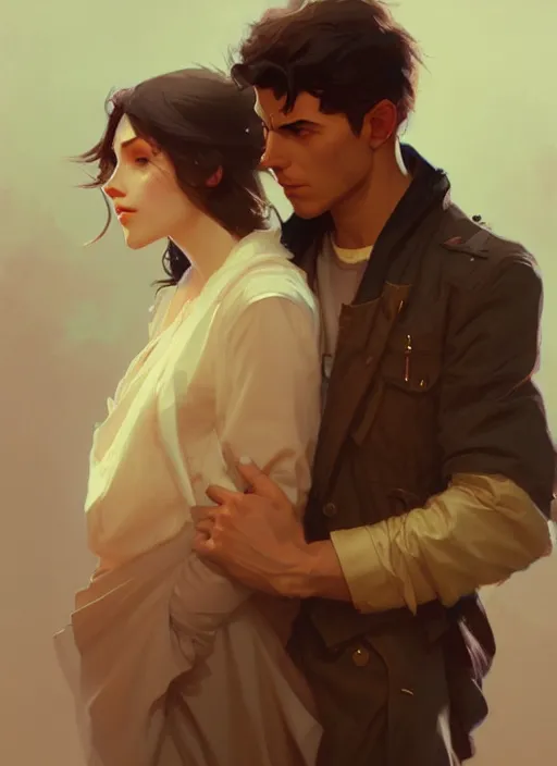 Prompt: young man and a woman, digital painting, artstation, concept art, smooth, sharp focus, illustration, art by artgerm and greg rutkowski and alphonse mucha