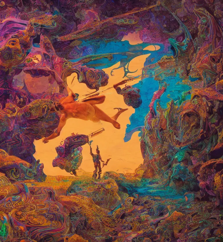 Prompt: jimi hendrix playing, colourful afrofuturist biomorphic opart scifi in background, octane render 8 k, pascal blanche, josh kirby, roger dean, james jean, giger, arthur rackham, moebius, syd mead, killian eng beksinski, greg hildebrandt, scifi, 8 k