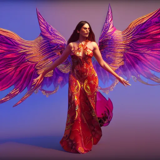 Prompt: a beautiful orchid phoenix angel woman, in an ornamented dress with large wings, photorealism, unreal engine, volumetric light, god rays, 8 k high resolution, rubies