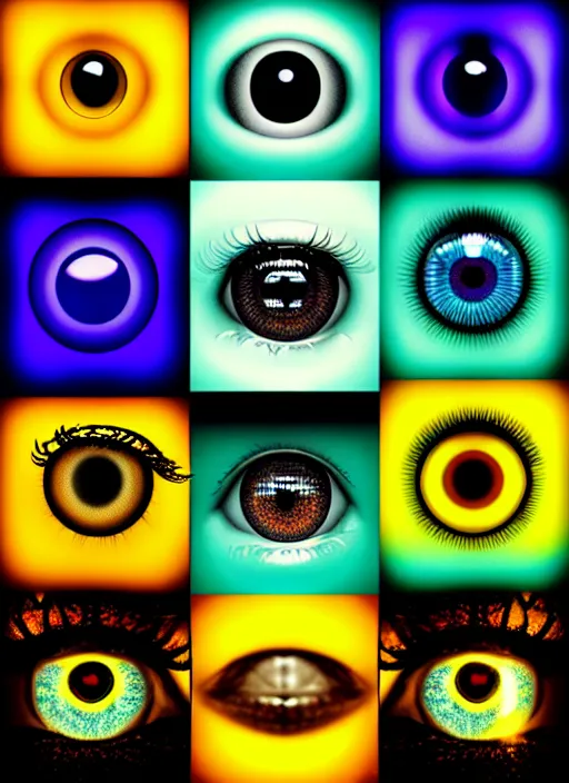 Image similar to grid montage of opticals with cube shaped iris, square shaped black dilated pupils cubes, cube shaped, detailed colored textures, lashes, advanced art, art styles mix, wet reflections in square eyecubes, sunshine light, hd macro photograph, from side, various cube eyelid positions