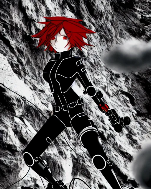 Prompt: black widow red hair flies with a parachute from everest and fires pistols at robots with techno details, by tsutomu nihei, black and white, wires clouds and destroed rocks background