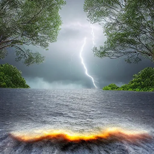 Prompt: a hyper realistic image of a river going between the trees and it is raining heavily and in the cloud you can see lightning 3 d