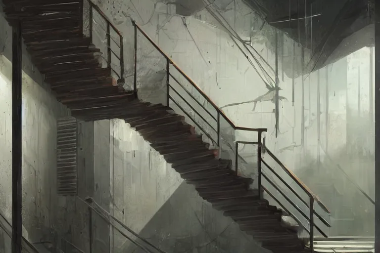 Prompt: a contemporary painting of a dark deep long down staircase at the end there is an illuminated door with a sign, on the right and left handrails lead down the stairs in the lower half of the picture by Studio Ghibli, Makoto Shinkai, by Artgerm, by WLOP, by Greg Rutkowski, volumetric lighting, cyberpunk, octane render, 4K resolution, trending on artstation, masterpiece