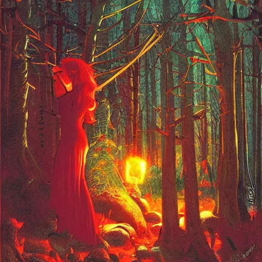 Prompt: the scarlet witch is hunted by victorian leather soldiers, night time, deep forest, highly detailed focus nizovtsev, victor