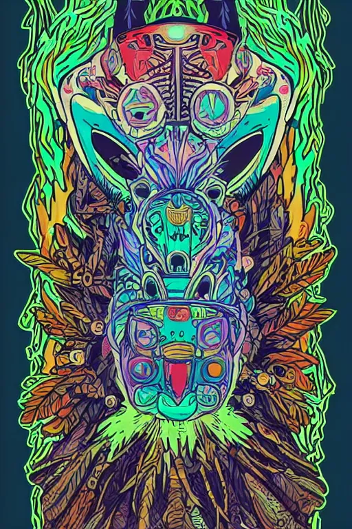 Image similar to animal mask totem roots flower tribal feather gemstone plant wood rock shaman vodoo video game vector cutout illustration vivid multicolor borderlands comics by josan gonzales and dan mumford radiating a glowing aura