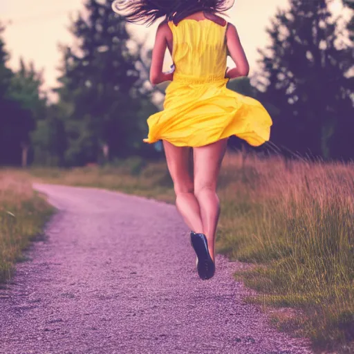 Image similar to a woman running sideways at night in a yellow dress in the center of the frame, dark hair, Slavic barn, bushes and trees in the background, realistic photo, 4K, 35 mm