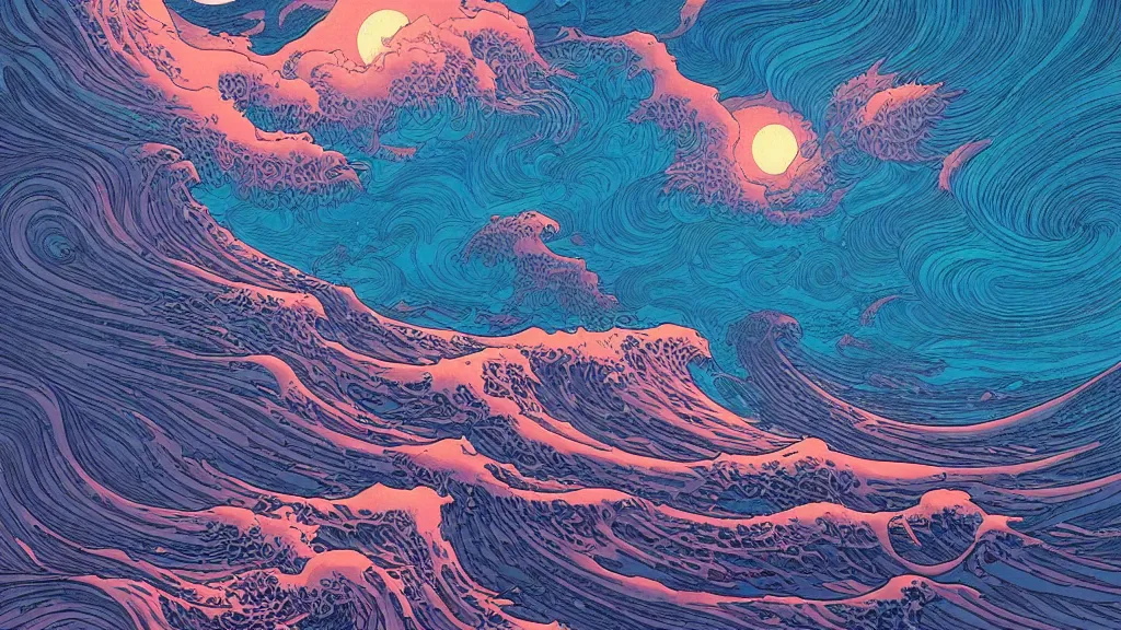 Prompt: highly detailed and colorful illustration of high exposure ocean waves at night by makoto shinkai, by moebius, by aaron horkey, by nico delort, by dan mumford, by otomo, kodachrome, 4 k resolution