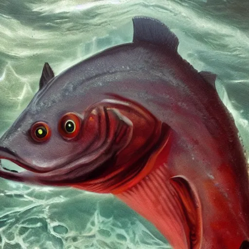 Prompt: salmon hybrid chimera with salman rushdie's face swimming in a river