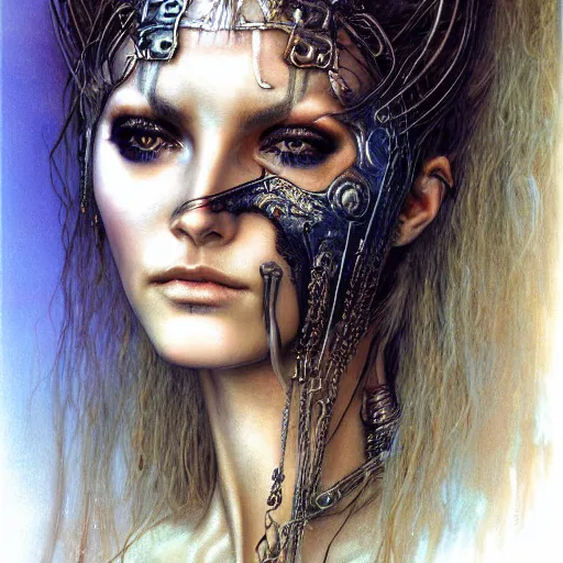 Prompt: an award finning closeup facial portrait by alan lee, luis royo and john howe of a bohemian female cyberpunk traveller clothed in excessively fashionable 8 0 s haute couture fashion and wearing ornate art nouveau body paint