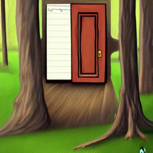 Image similar to a painting of a notepad that is also a door to a cottage in the woods, trending on artstation, detailed digital art, aesthetic!!!!,