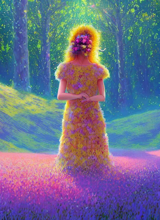 Prompt: girl with giant flower hair and flower dress, standing in a flower field hills, big trees, sunrise dramatic light, impressionist painting, colorful clouds, digital painting, pointillism, artstation, simon stalenhag