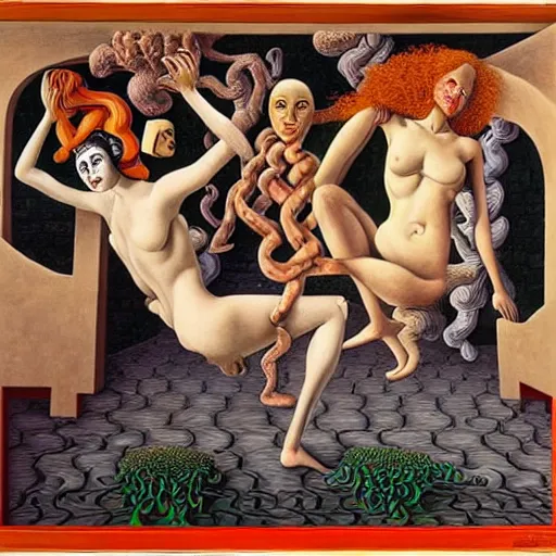 Image similar to the three fates, pain, pleasure, suffering, adventure, love, abstract oil painting by MC Escher and Salvador Dali and raqib shaw,-W 1024