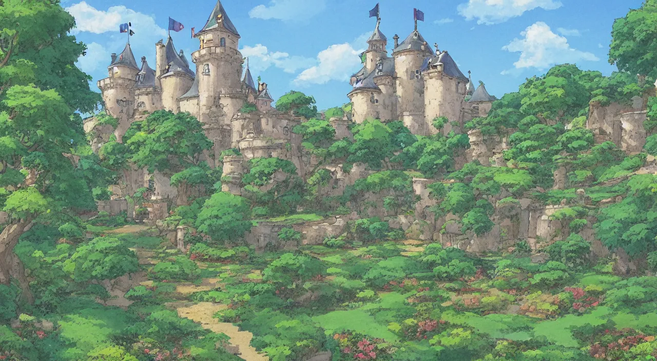 Prompt: a landscape painting of a French castle, with a garden, in the style of anime, by Studio Ghibli