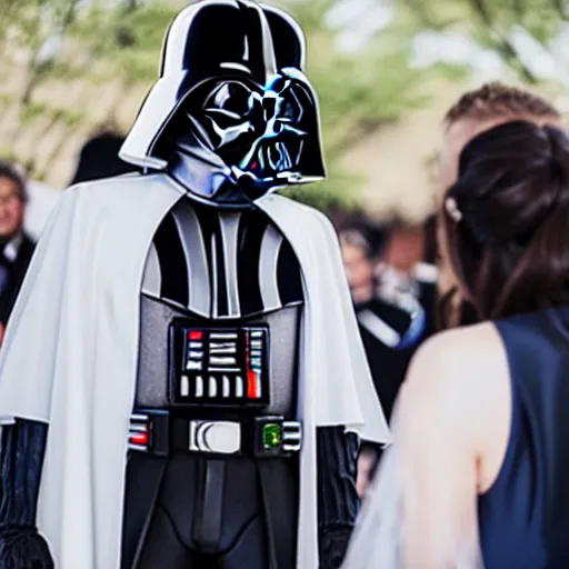 Prompt: darth vader at his wedding ceremony, white uniform, white helmet, 8 k