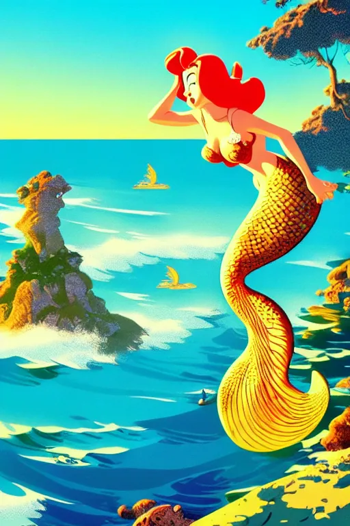 Prompt: mermaid, above the sea, sunny day, scenery wallpaper aesthetic, beautiful, cinematic, dramatic, super detailed and intricate, hyper realistic, 4 k render, by carl barks, by darwyn cooke, by kentaro miura, by koson ohara,