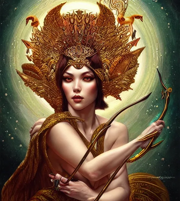 Image similar to goddess of the hunt, tarot card, ornate, digital art by artgerm and karol bak