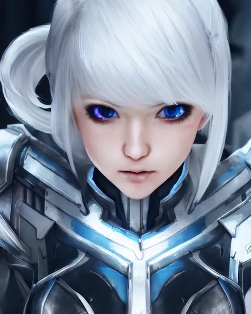 Image similar to perfect white haired girl, warframe armor, beautiful, dreamy, half asian, pretty face, blue eyes, detailed, sunny day, scifi platform, front lit, laboratory, experiment, 4 k, ultra realistic, epic lighting, cinematic, high detail, masterpiece, by masayoshi tanaka, akihiko yoshida, kazuya takahashi